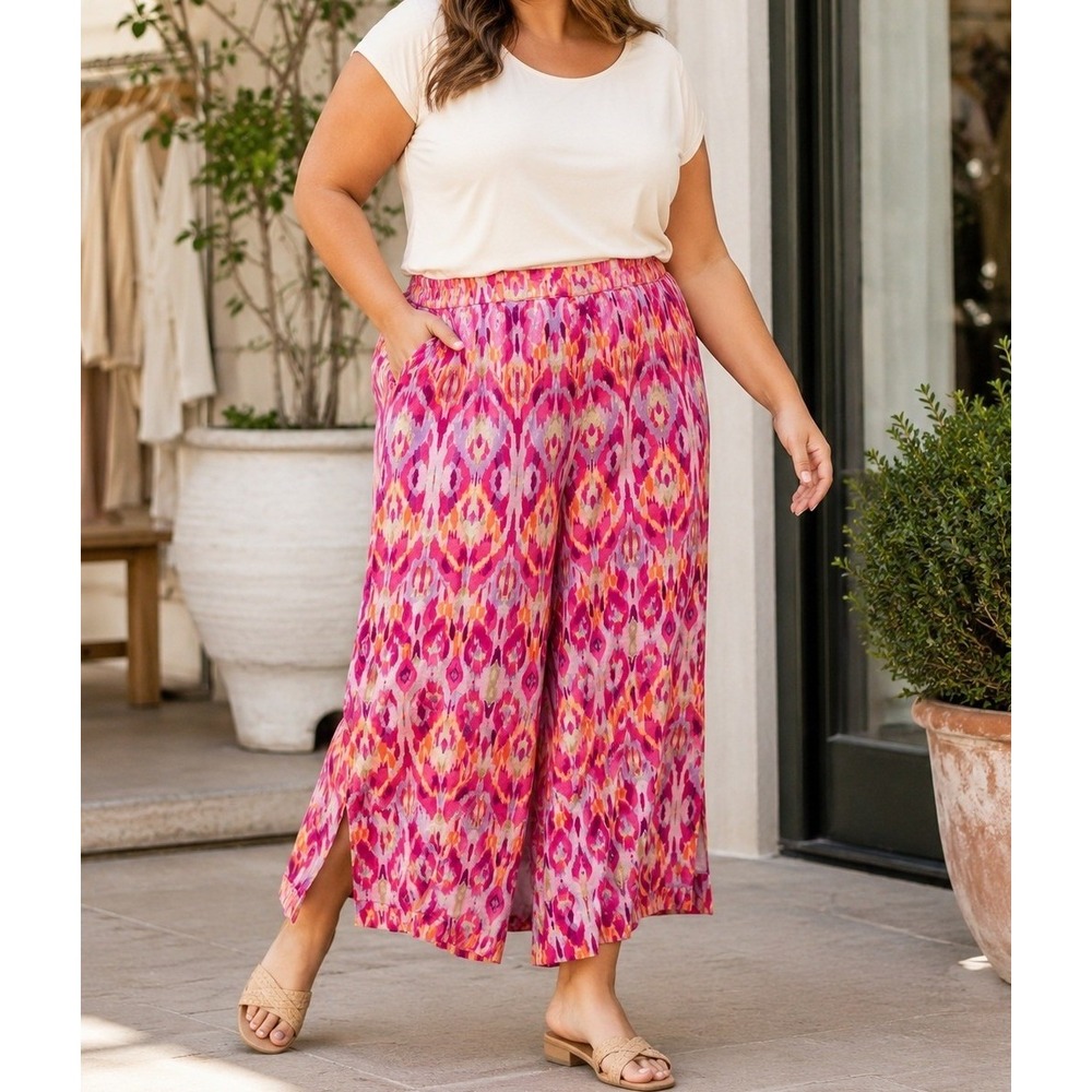 Lane Bryant NWOT Wide Leg Crop Pants Women Plus Size 24 Pink Ikat Side Slit